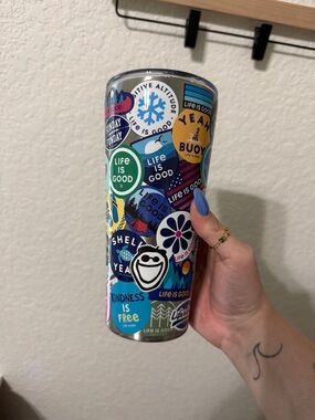 Life Is Good Sticker Collage Travel Tumbler - Blue Green Multi